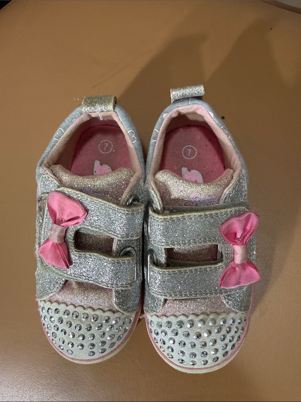 Skechers Girls Silver Glitter Sneakers with Pink Bows